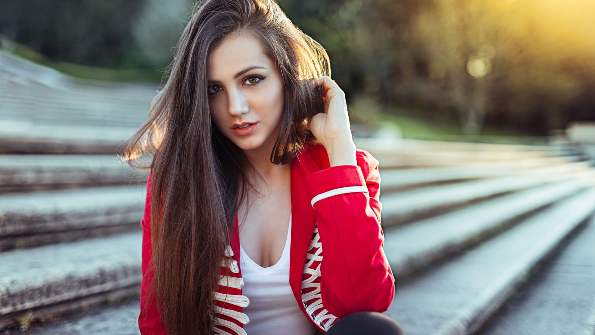 Wallpaper Brunette, hot girl model, sit, outdoor