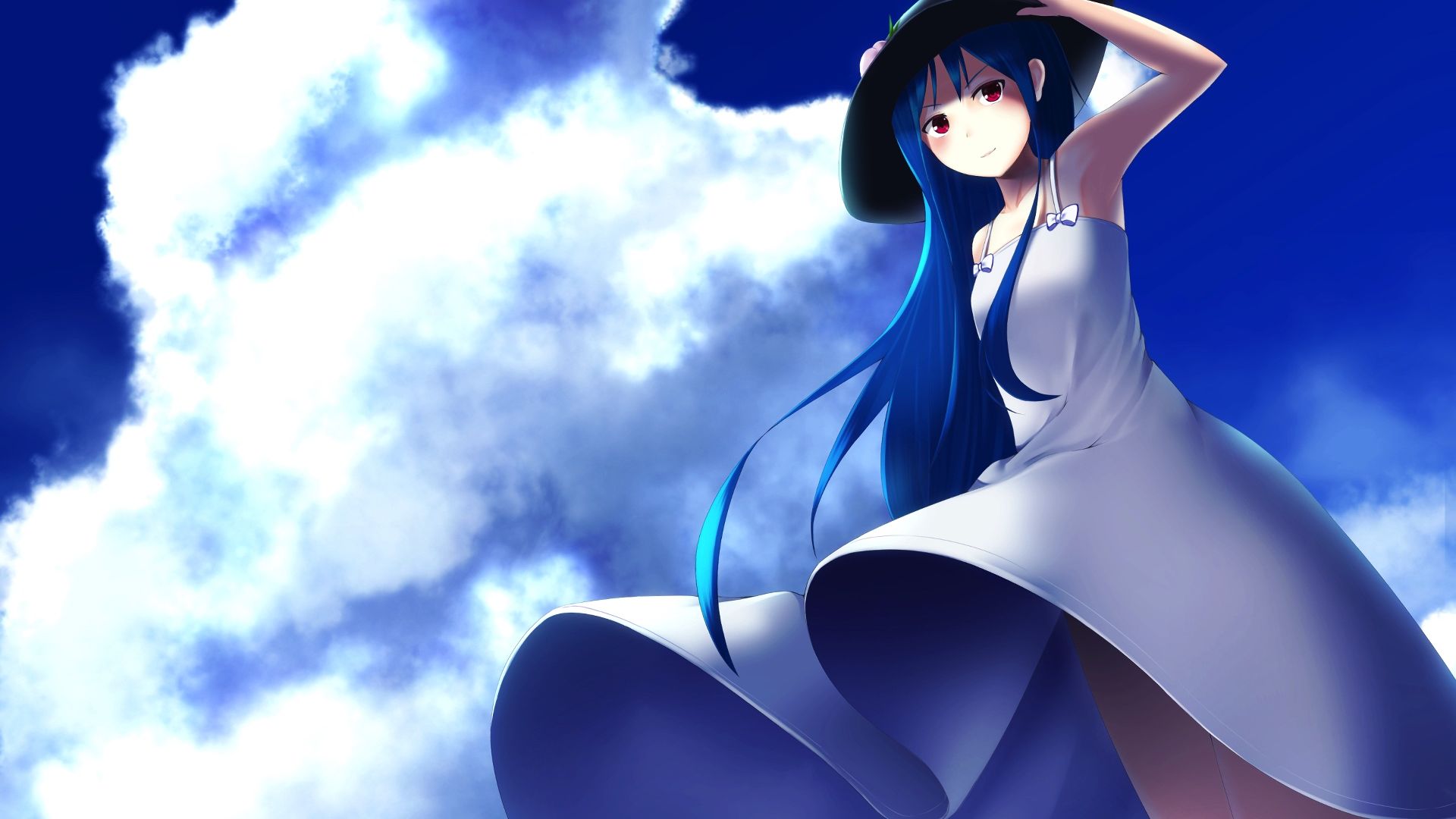 Wallpaper White dress, anime girl, blue hair, Tenshi Hinanawi, Touhou
