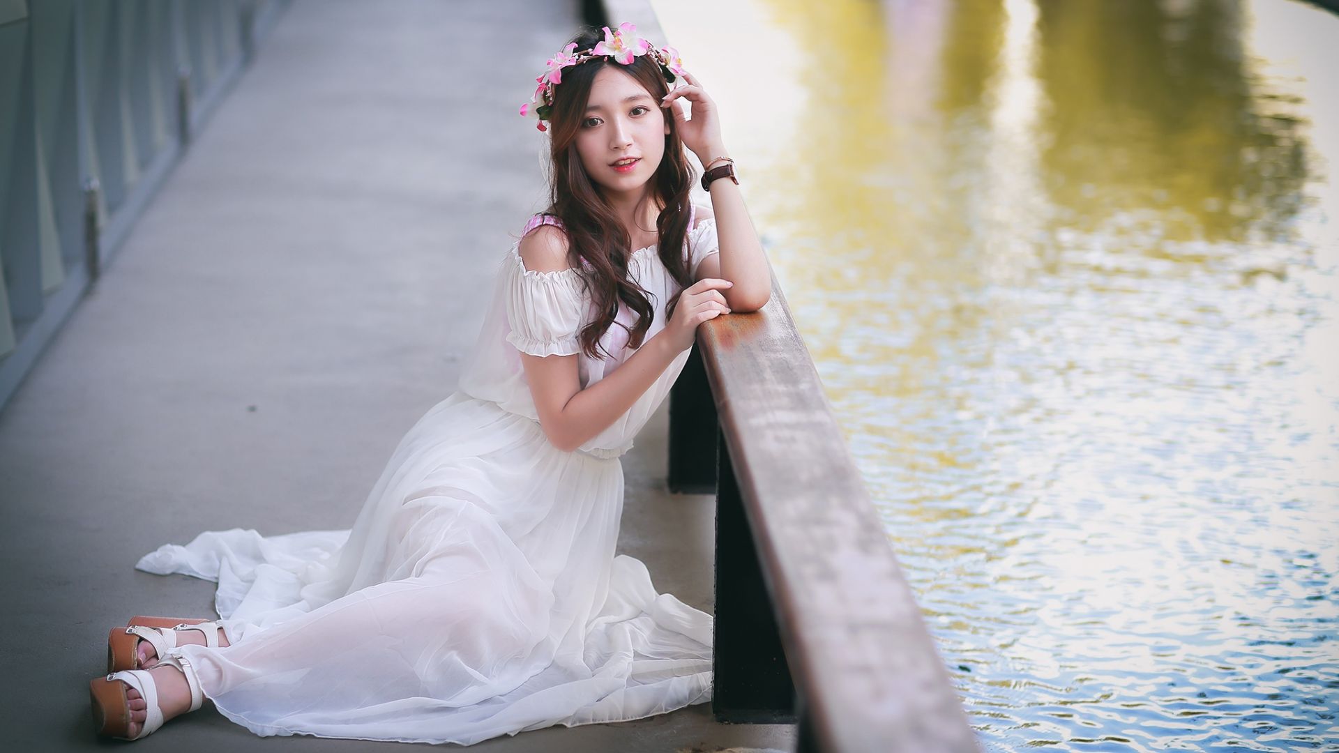 Wallpaper Cute, asian girl model, white dress, sit