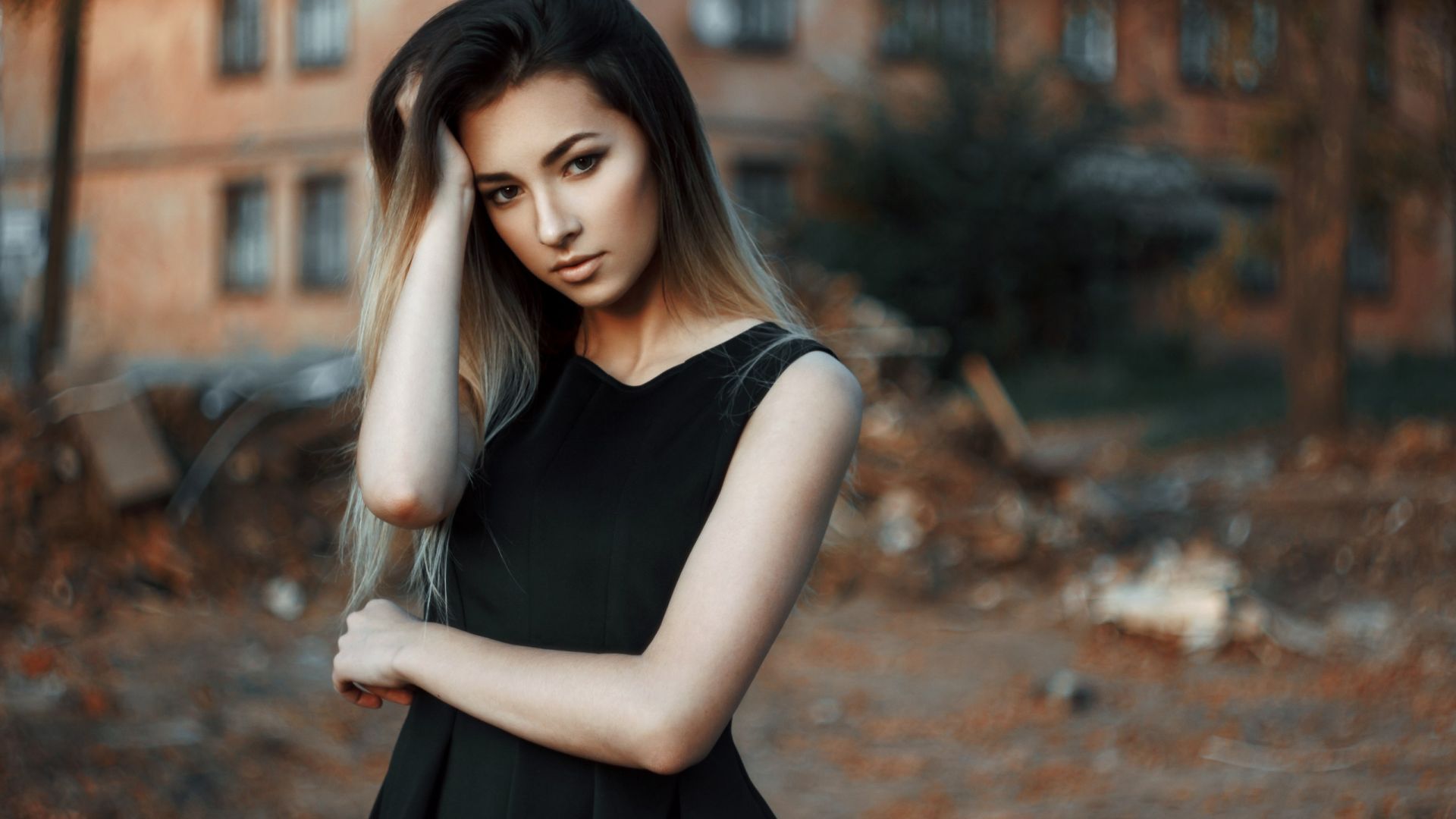 Wallpaper Girl model, beautiful black dress, looking away