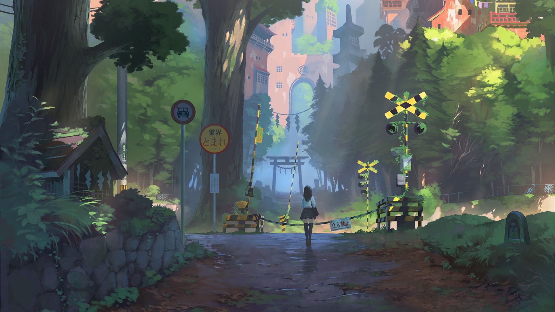 Wallpaper Anime girl, railway crossing, art, landscape