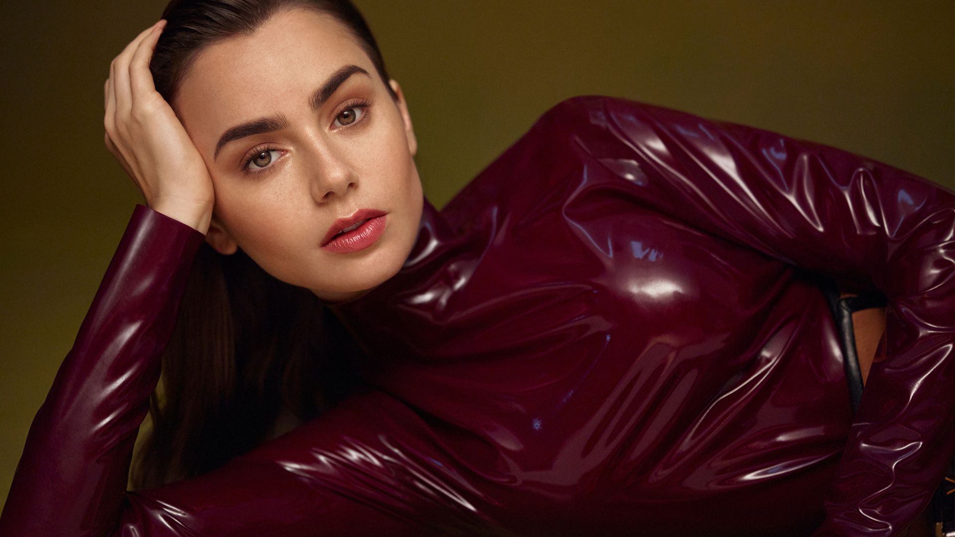 Wallpaper Leather dress, Lily Collins, beautiful actress, 2020
