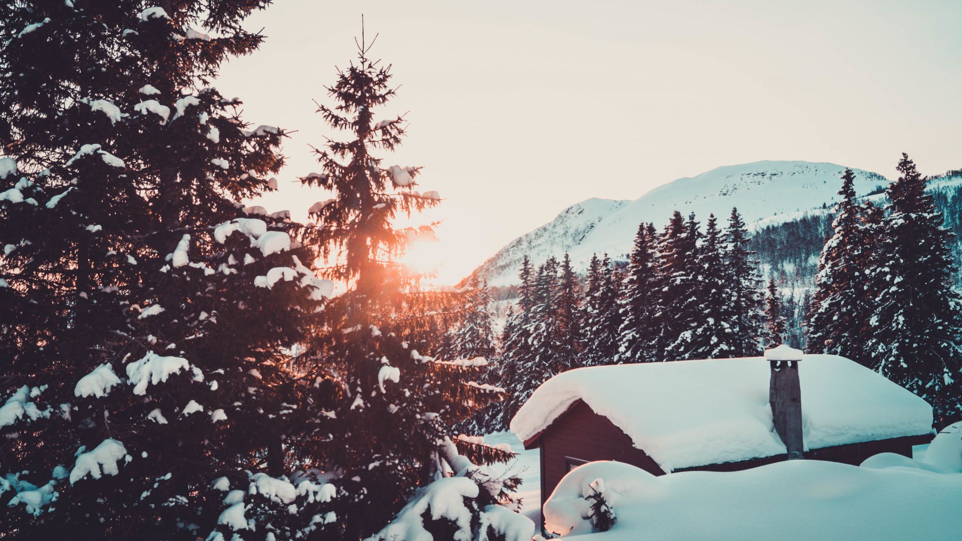 Wallpaper Cabin, winter, snowfall, sunrise, tree, mountains, 5k