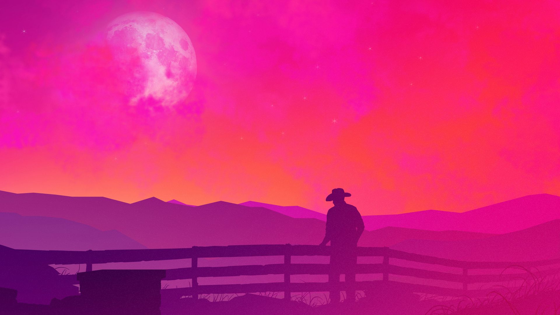 Wallpaper Red sky at night, cowboy, fence, art