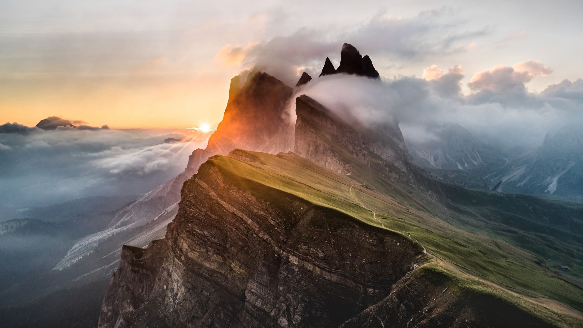 Wallpaper Dolomites, mountains range, landscape, clouds, 5k