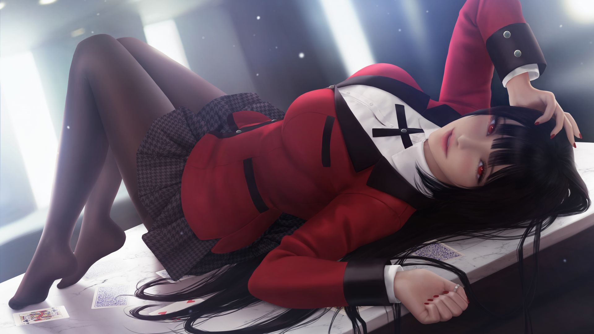Wallpaper Anime girl, lying on poker table, art