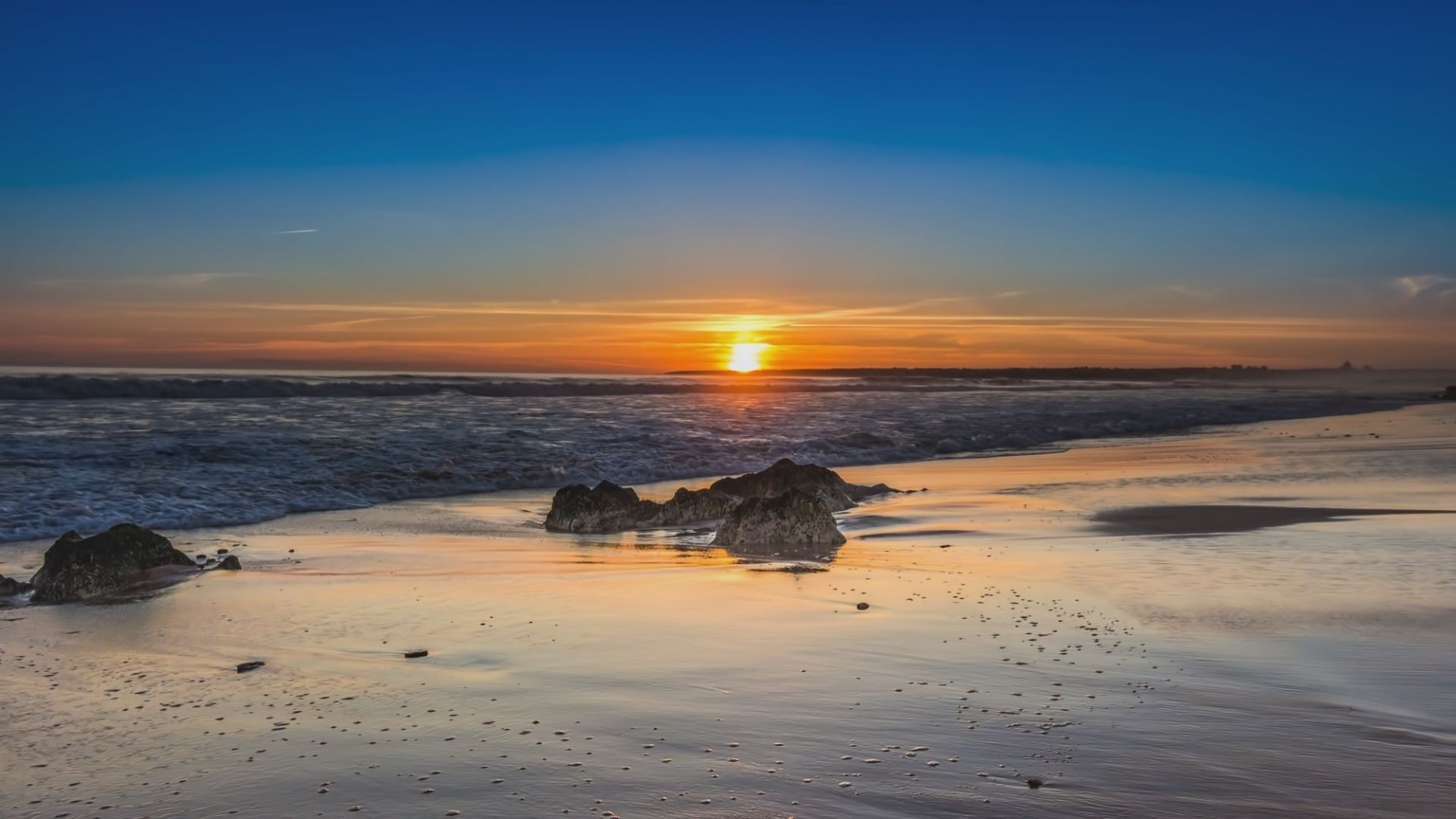 Wallpaper Sunset, beach, sea, blue skyline