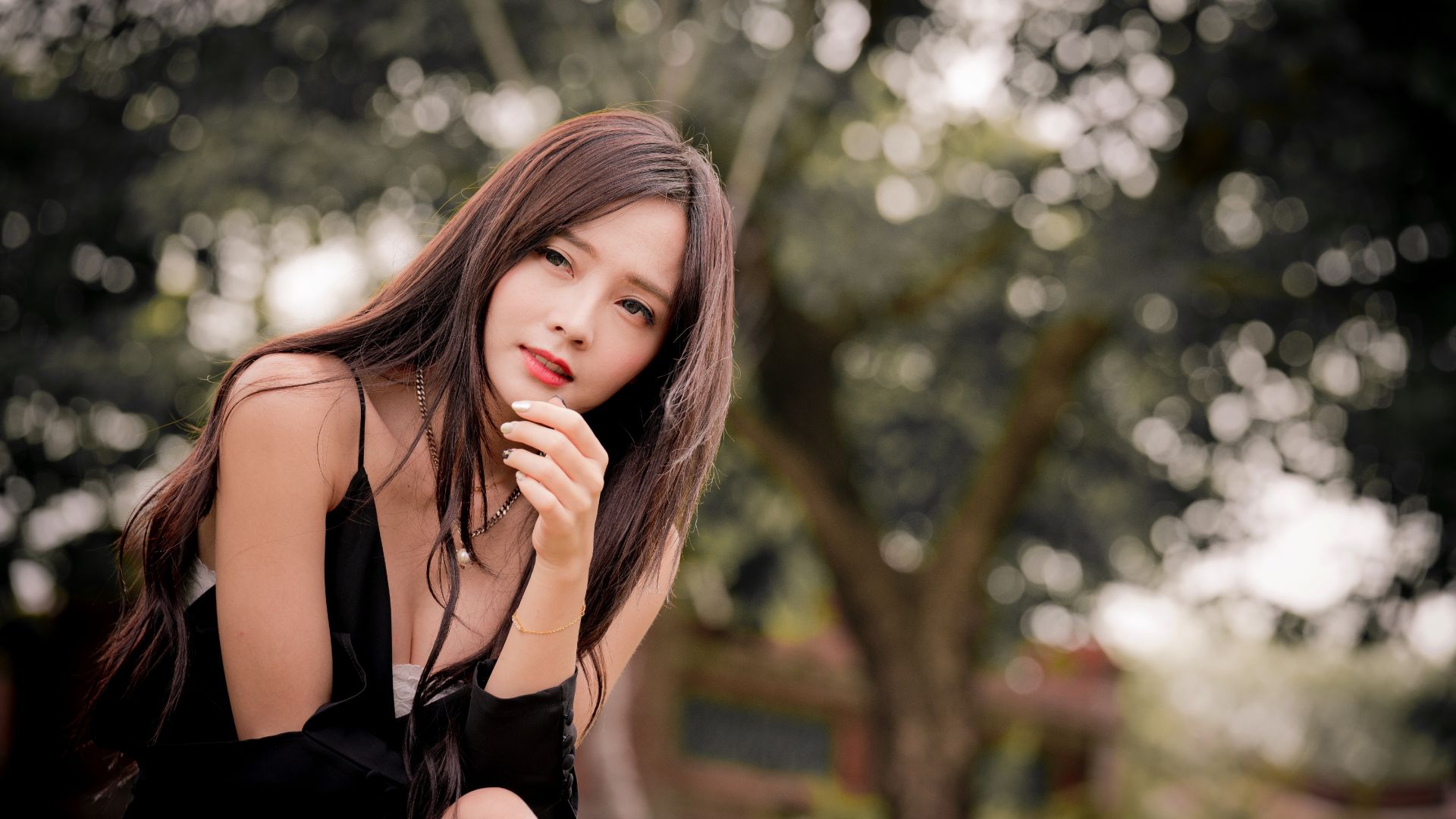Wallpaper Black dress, Asian, brunette, girl model