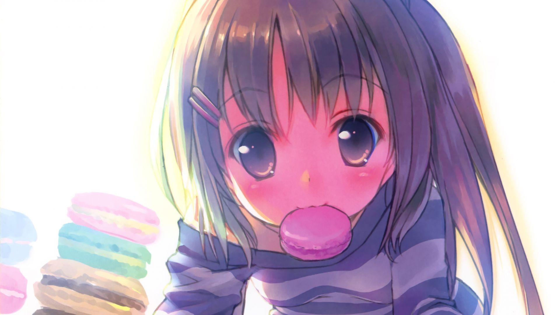 Wallpaper Anime girl, original, eating, macaroons