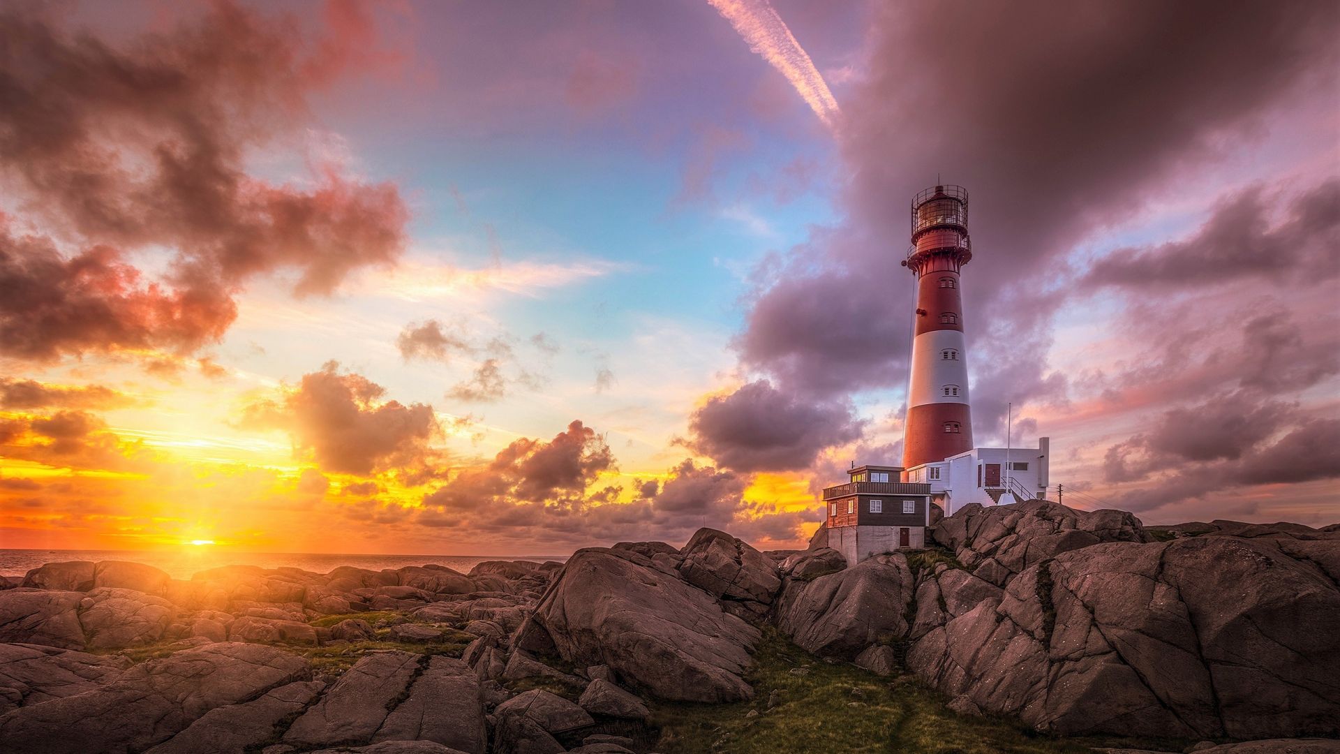 Wallpaper Rocks, clouds, sunset, lighthouse