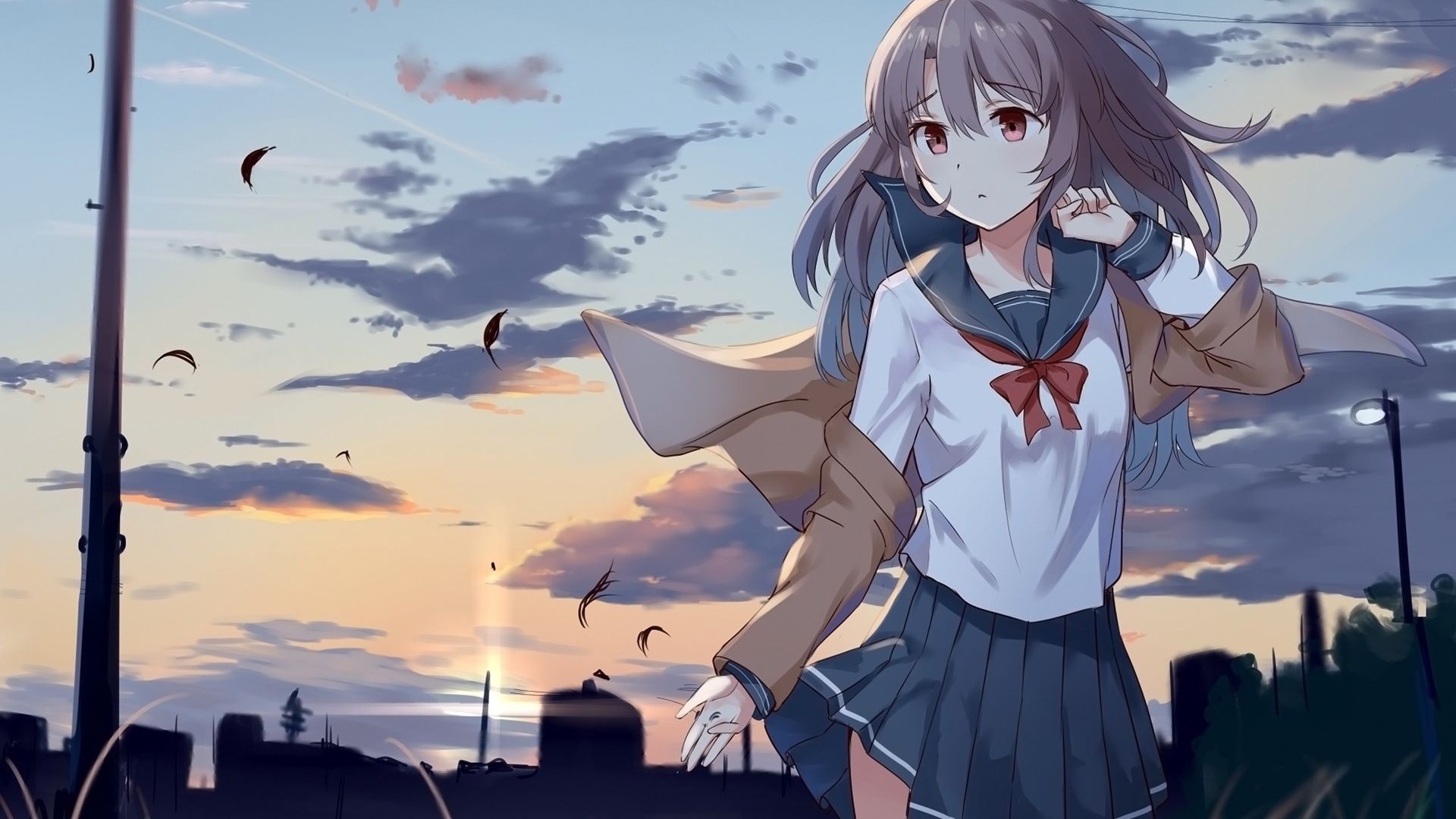Wallpaper School uniform, anime girl, outdoor, original
