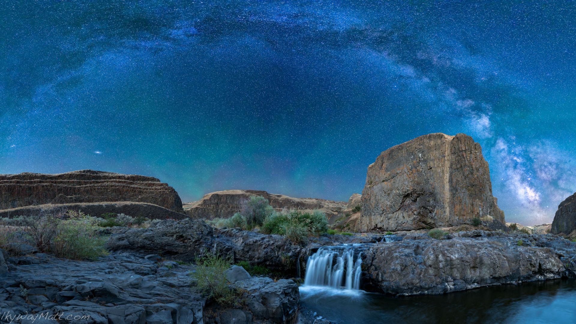 Wallpaper Milky way galaxy, mountains, night and waterfall