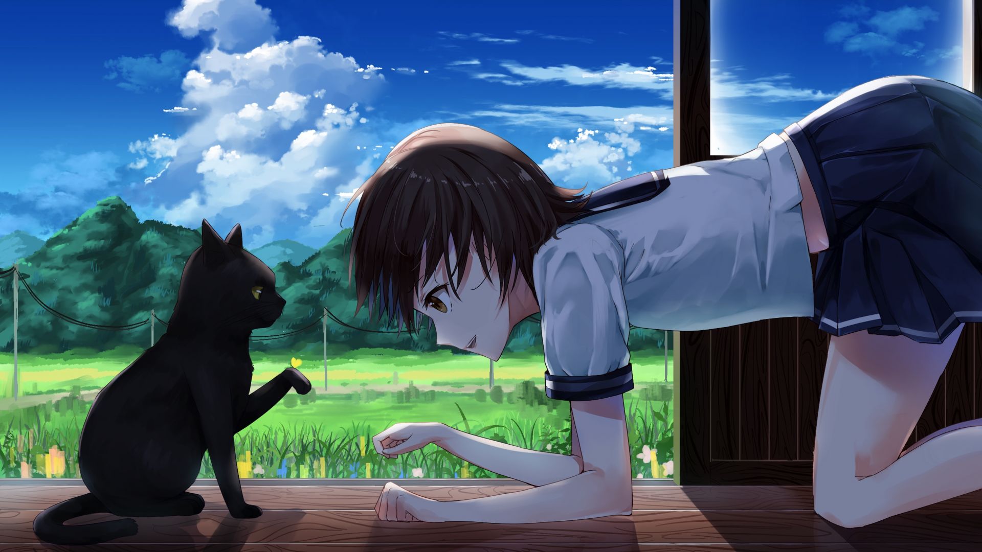 Wallpaper Black kitten, cute anime girl, play, original