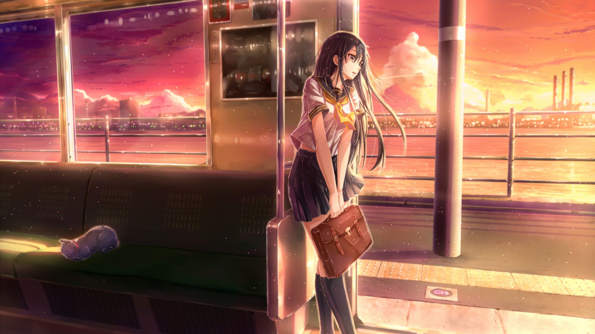 Wallpaper Rain, station, wait, anime girl, original