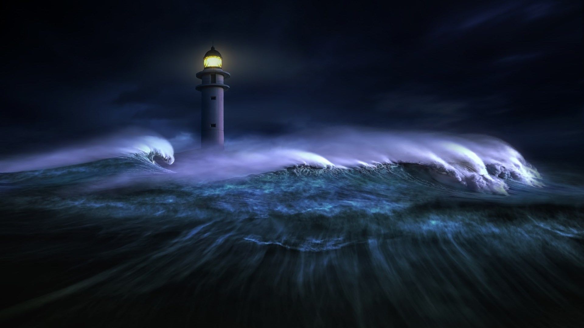 Desktop Wallpaper Lighthouse, Big Sea Waves, Night, Hd Image, Picture,  Background, 5hqogm