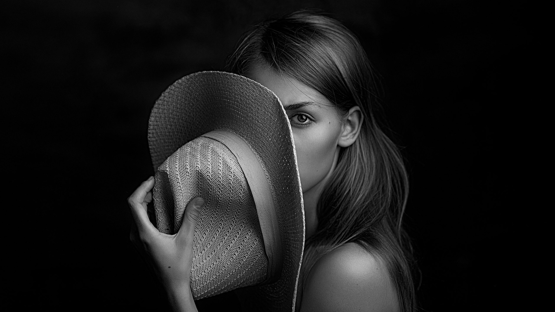 Wallpaper Hat on face, girl, model, monochrome