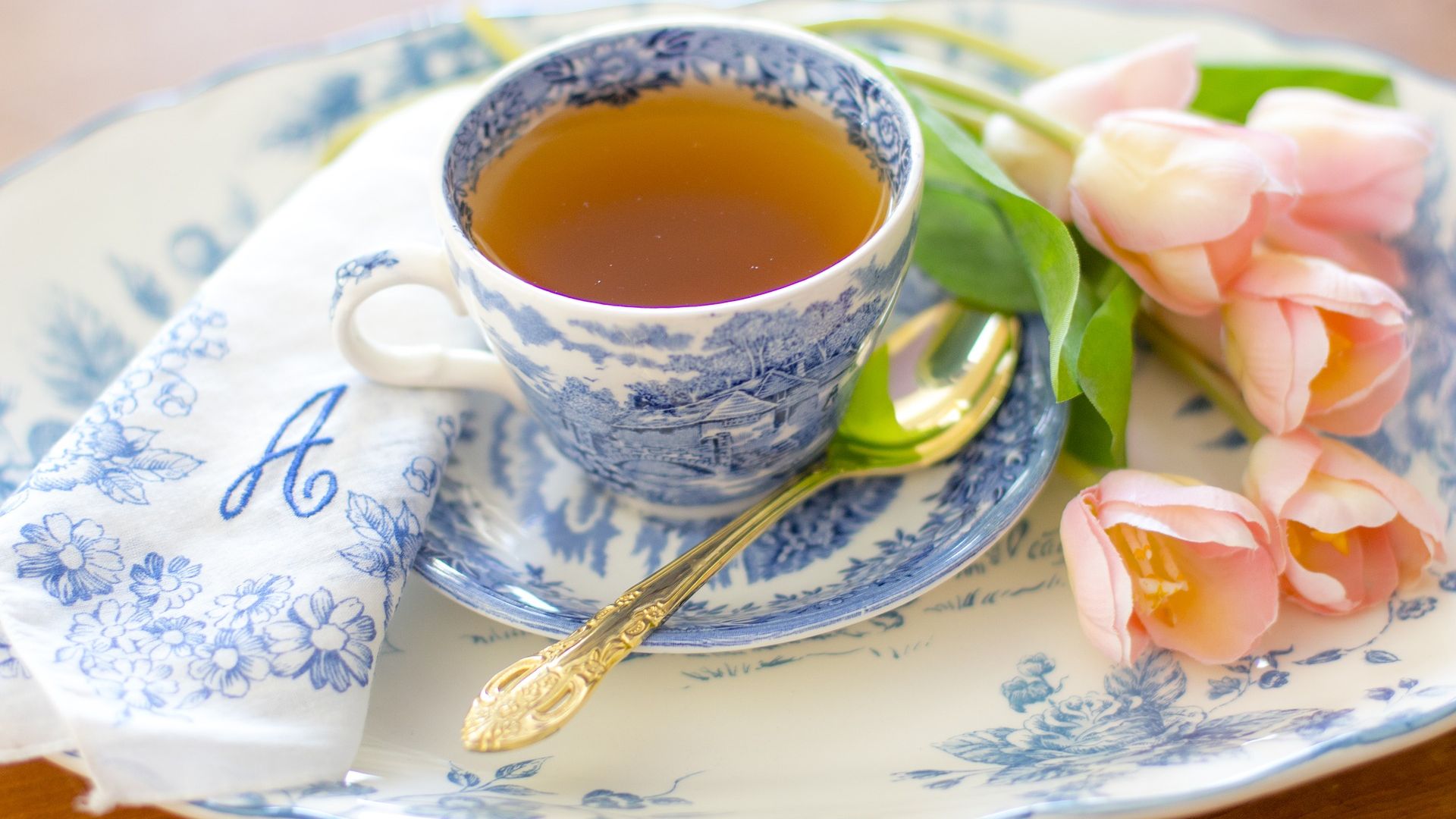 Wallpaper Tea cup, tulips, tea, spoon