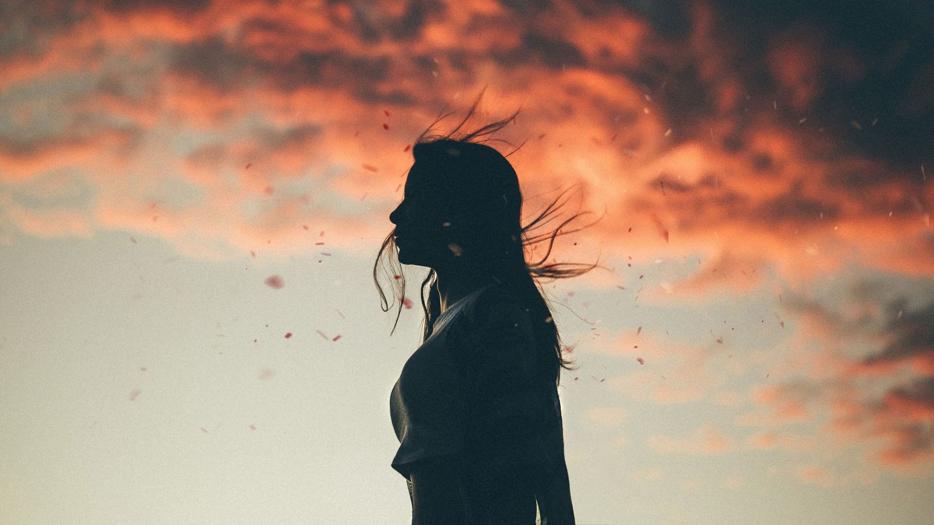 Wallpaper Sunset, girl, dust, clouds