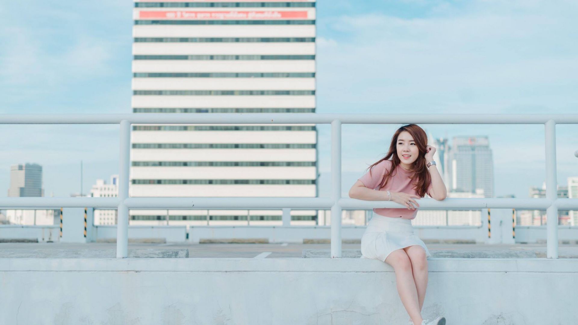 Wallpaper Happy Asian girl, sit, bridge, buildings