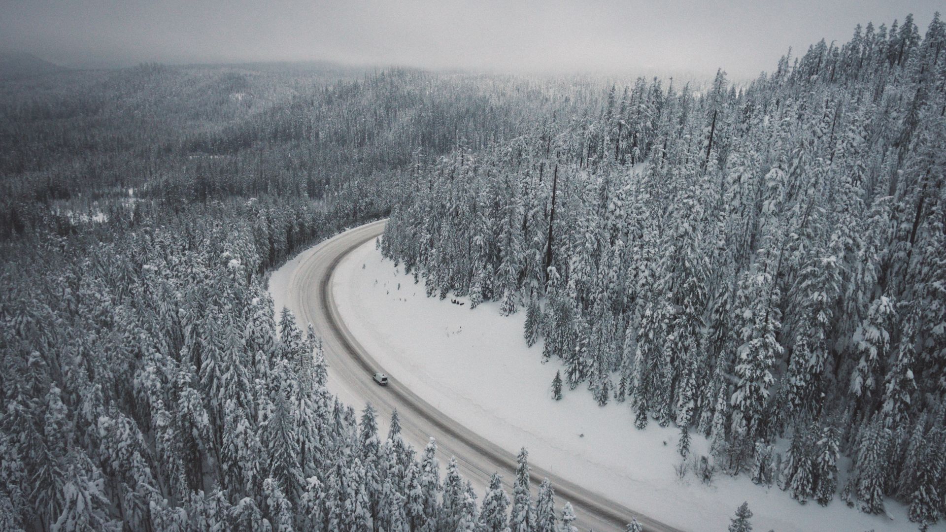 Wallpaper Winter, aerial views, trees, forest, road, 4k
