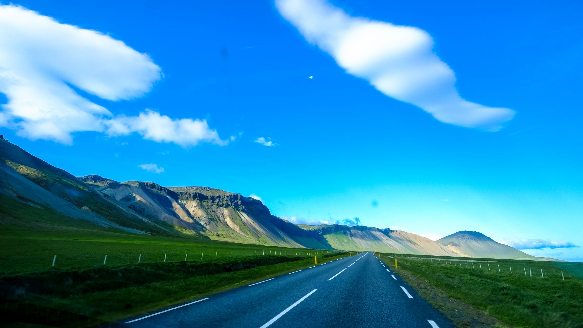 Wallpaper Road, marking, mountains, sky