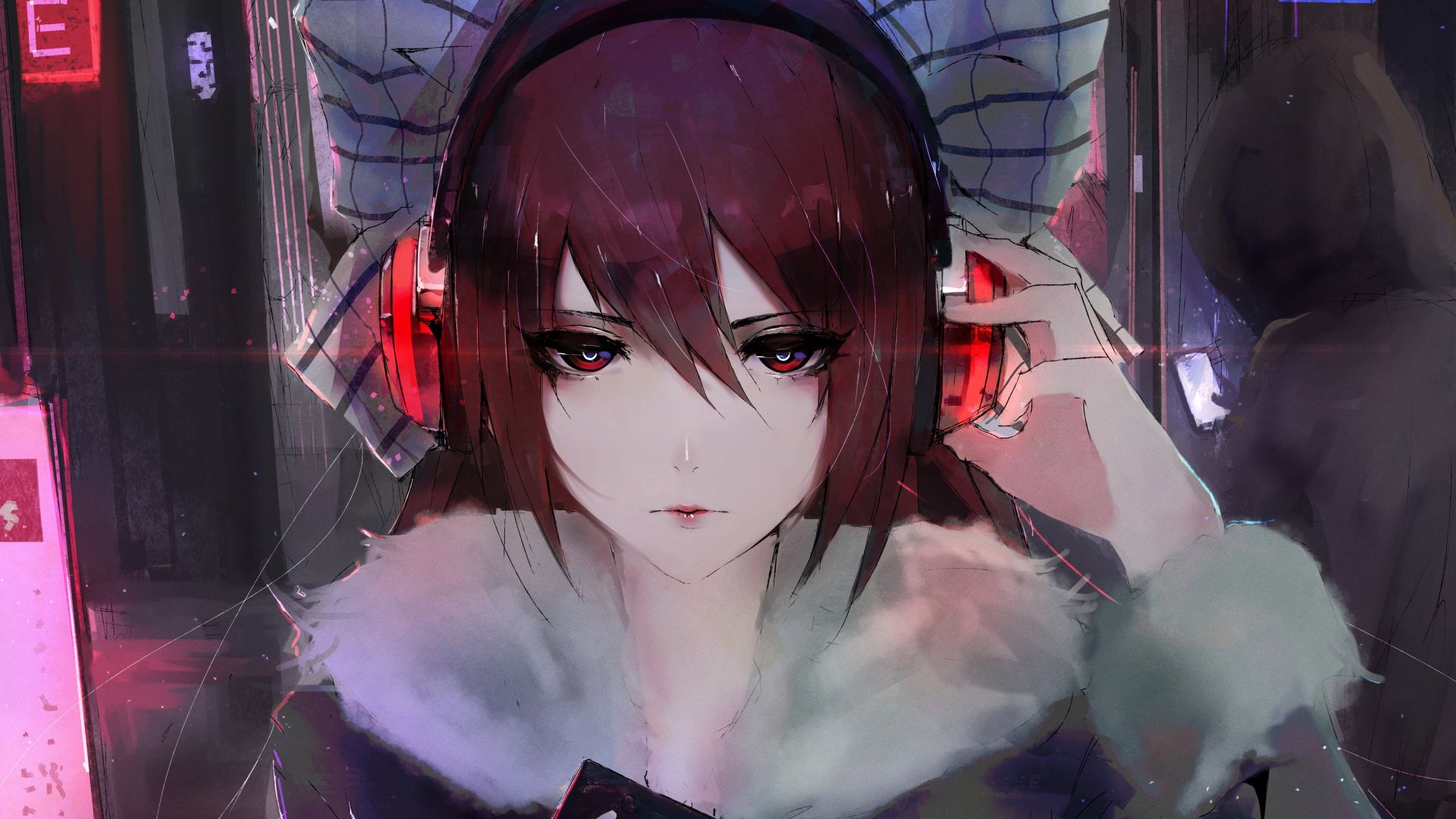 Wallpaper Red eyes, anime girl, head phone, original, art