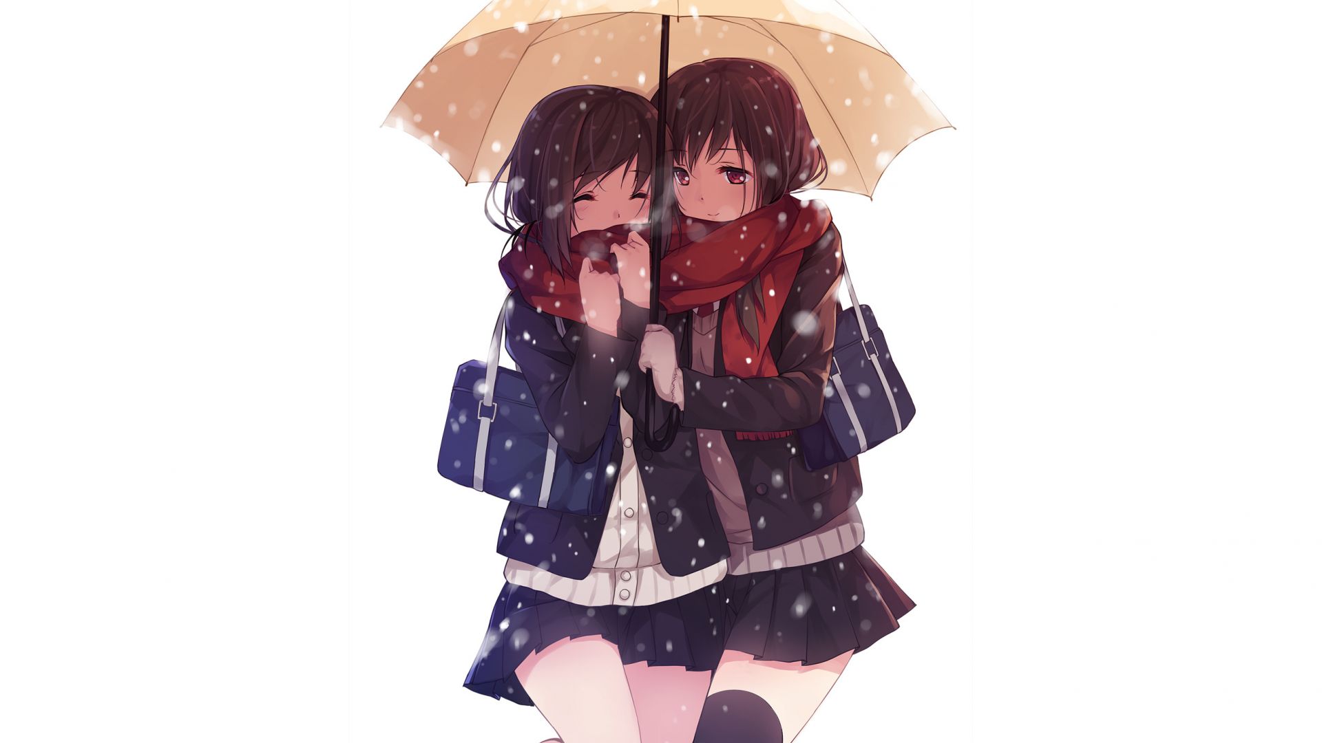 Wallpaper Anime girls, snowfall, umbrella, original, friends