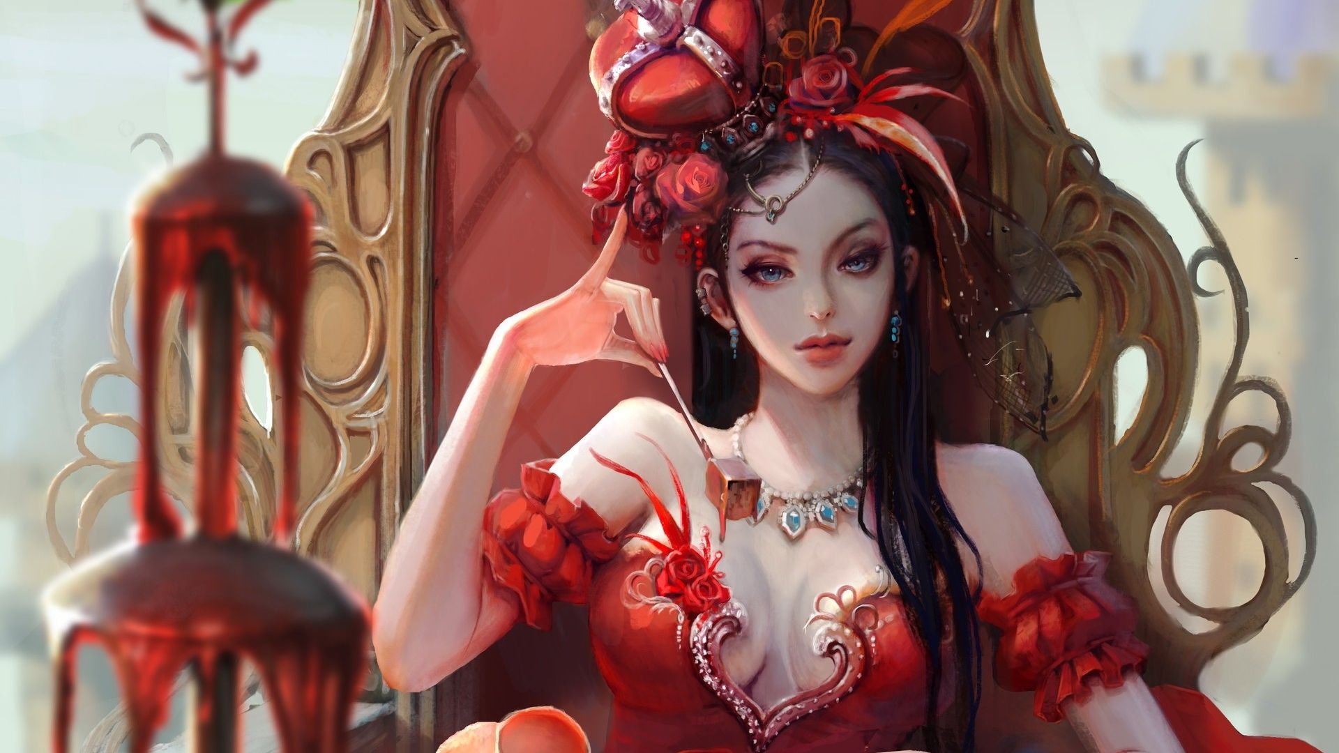 Wallpaper Red woman, fantasy, throne