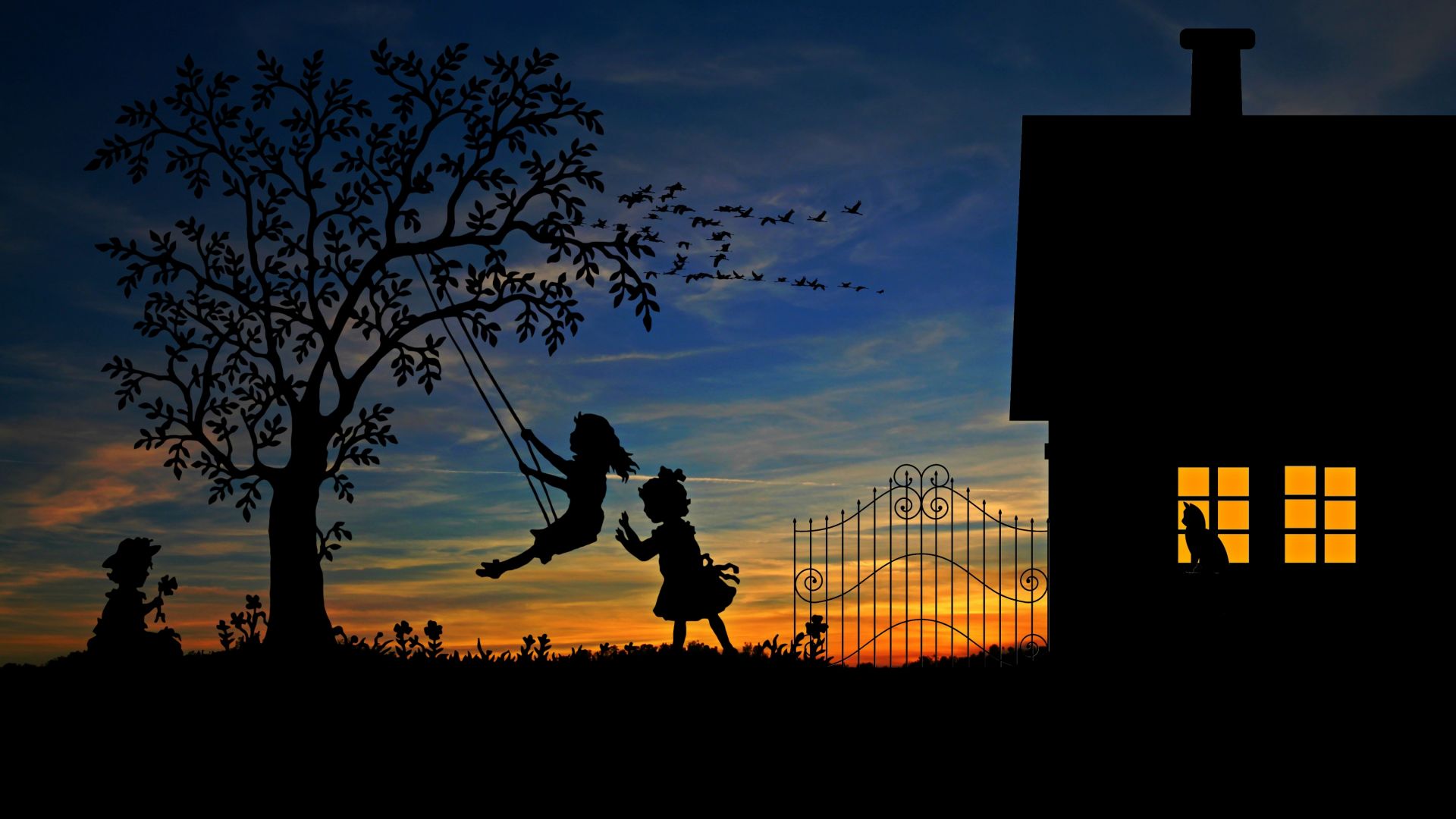 Wallpaper Tree, swings, children, play, sunset