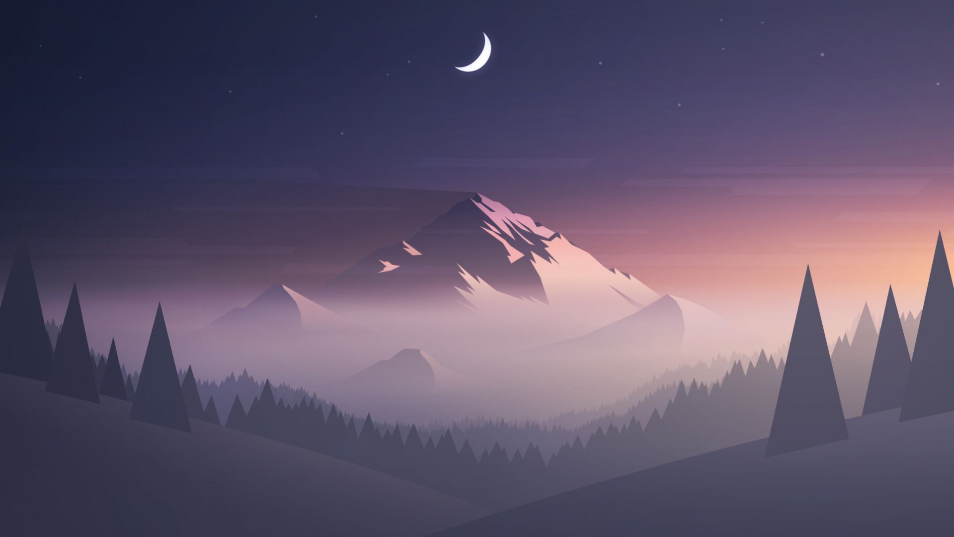 Wallpaper Mountains, moon, trees, landscape, minimalism