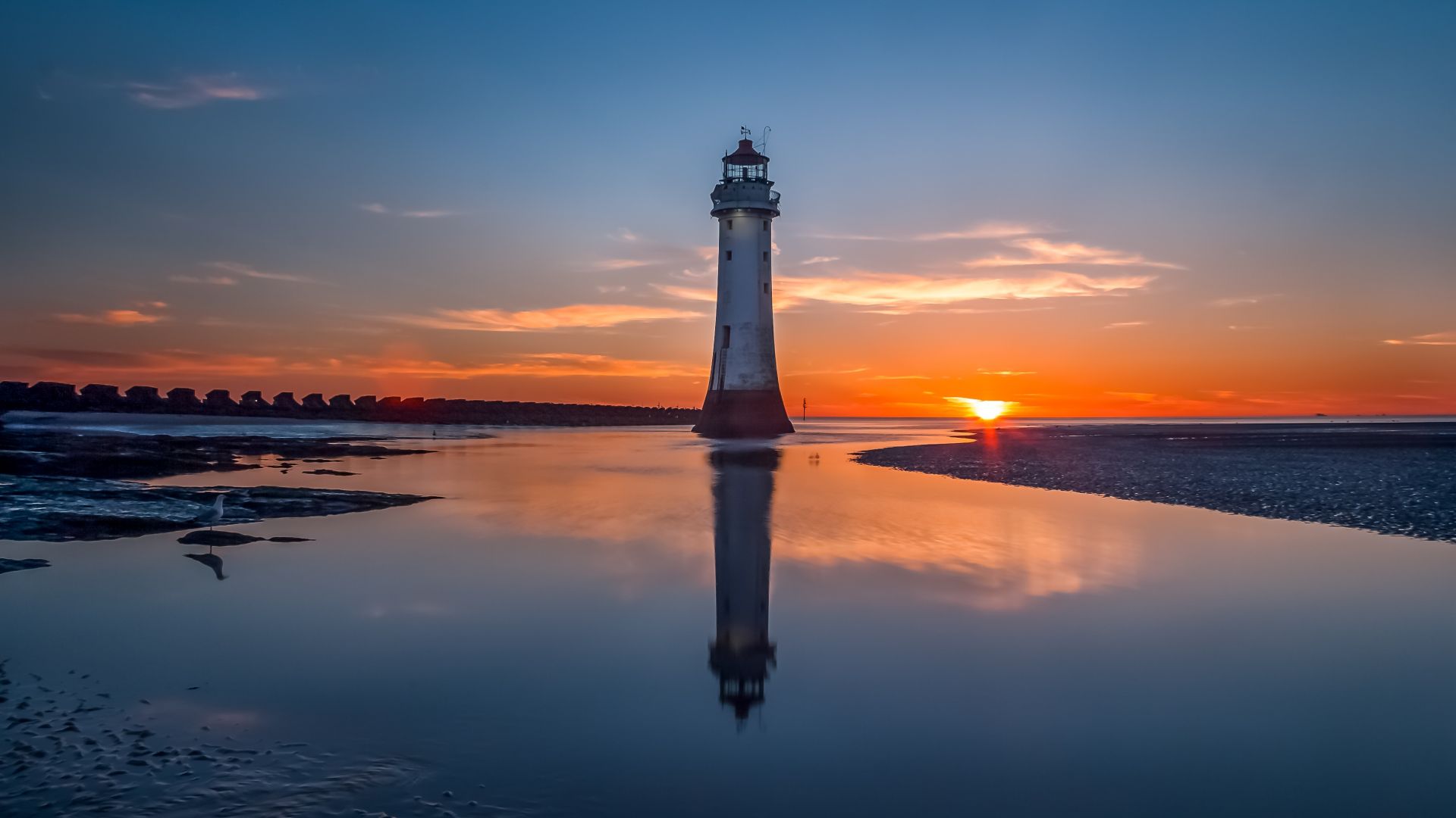 Wallpaper Lighthouse, sunset, skyline, sea, reflections