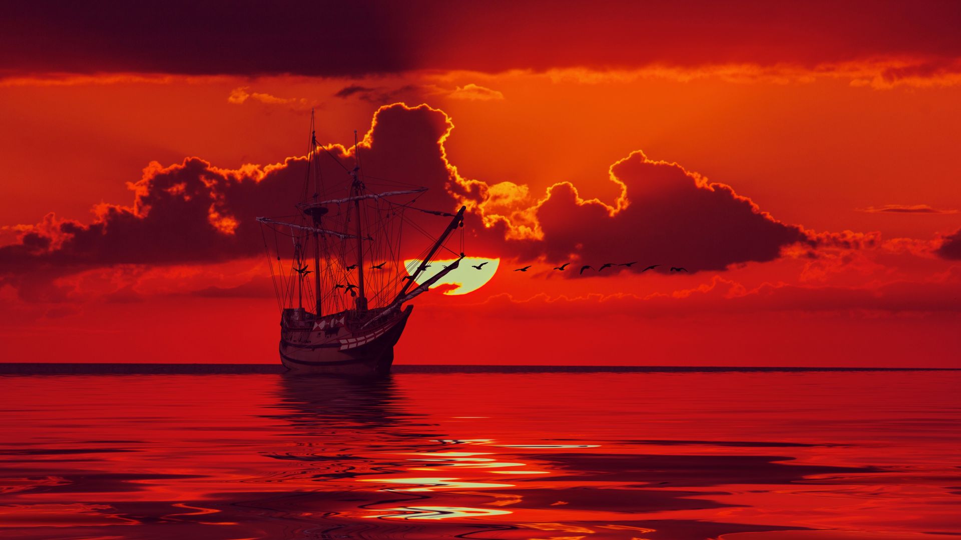 Wallpaper Sunset, ship, sea, clouds, art