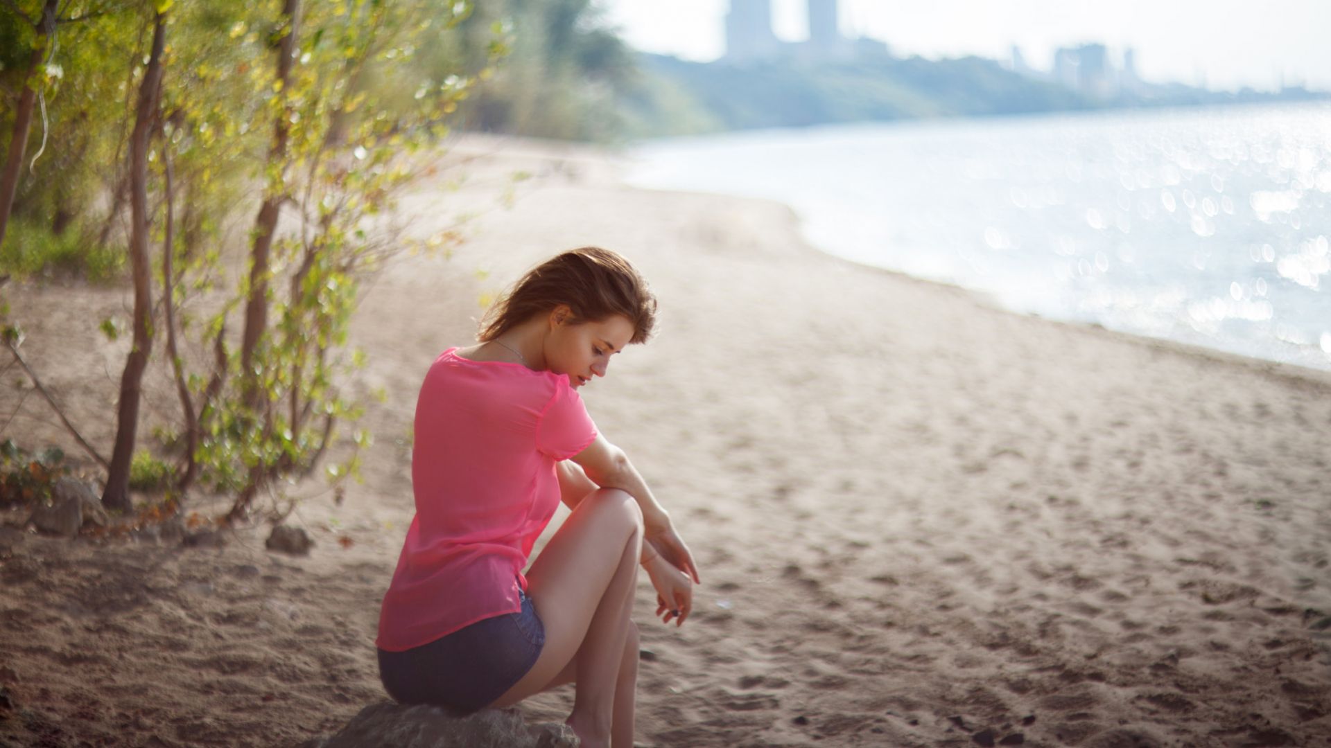Wallpaper At beach, short jeans, woman model, sitting