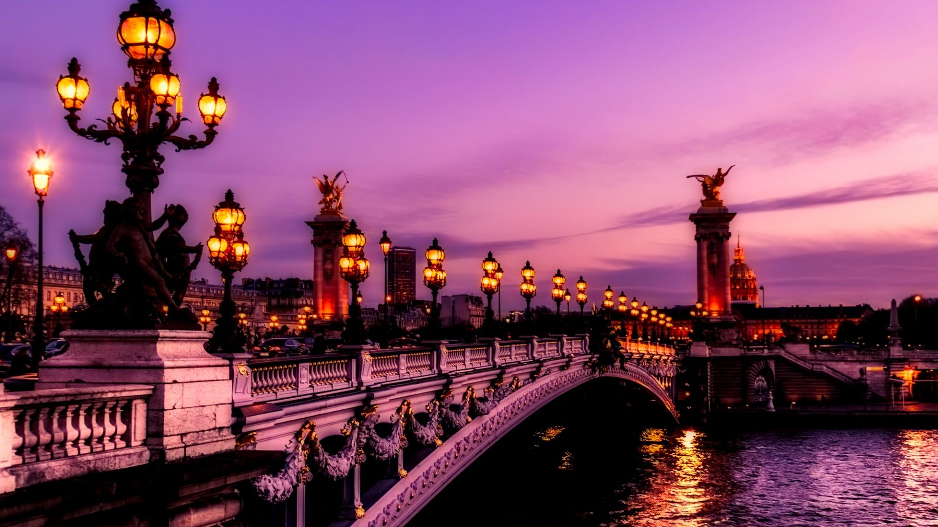 Wallpaper Pont Alexandre III, Bridge, Paris, city, lights, sunset