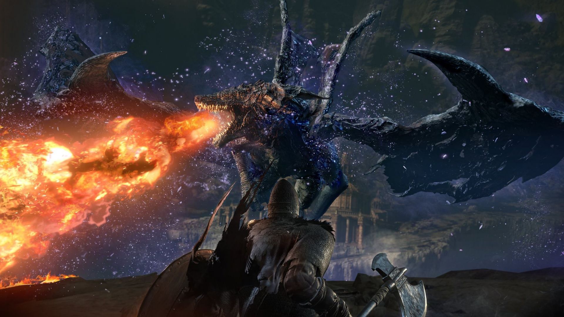 Wallpaper Dark Souls III, video game, fire, dragon, warrior