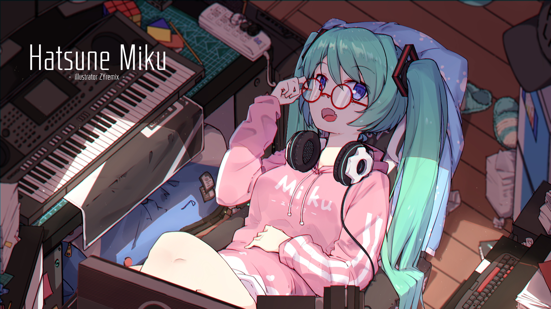 Wallpaper Hatsune Miku, in studio, headphone