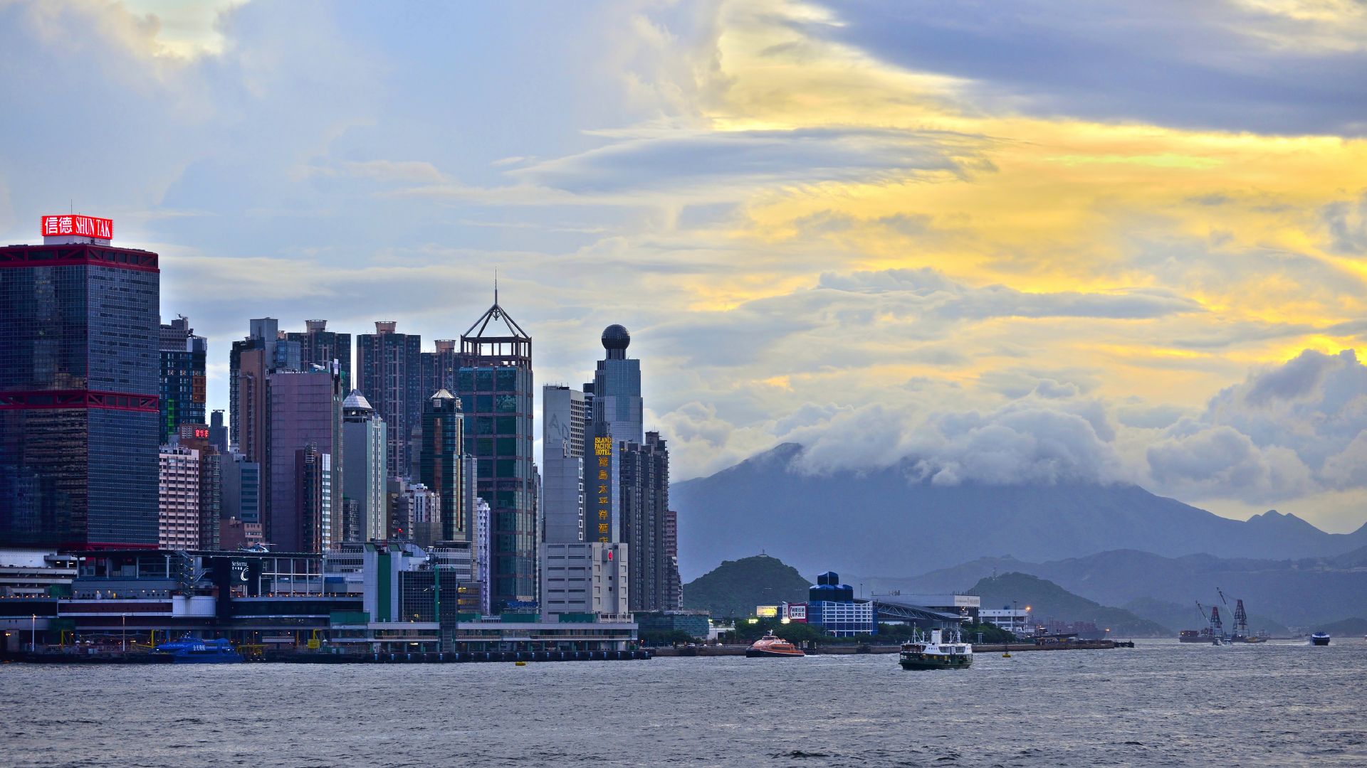 Wallpaper Hong kong, buildings, city, sea, clouds