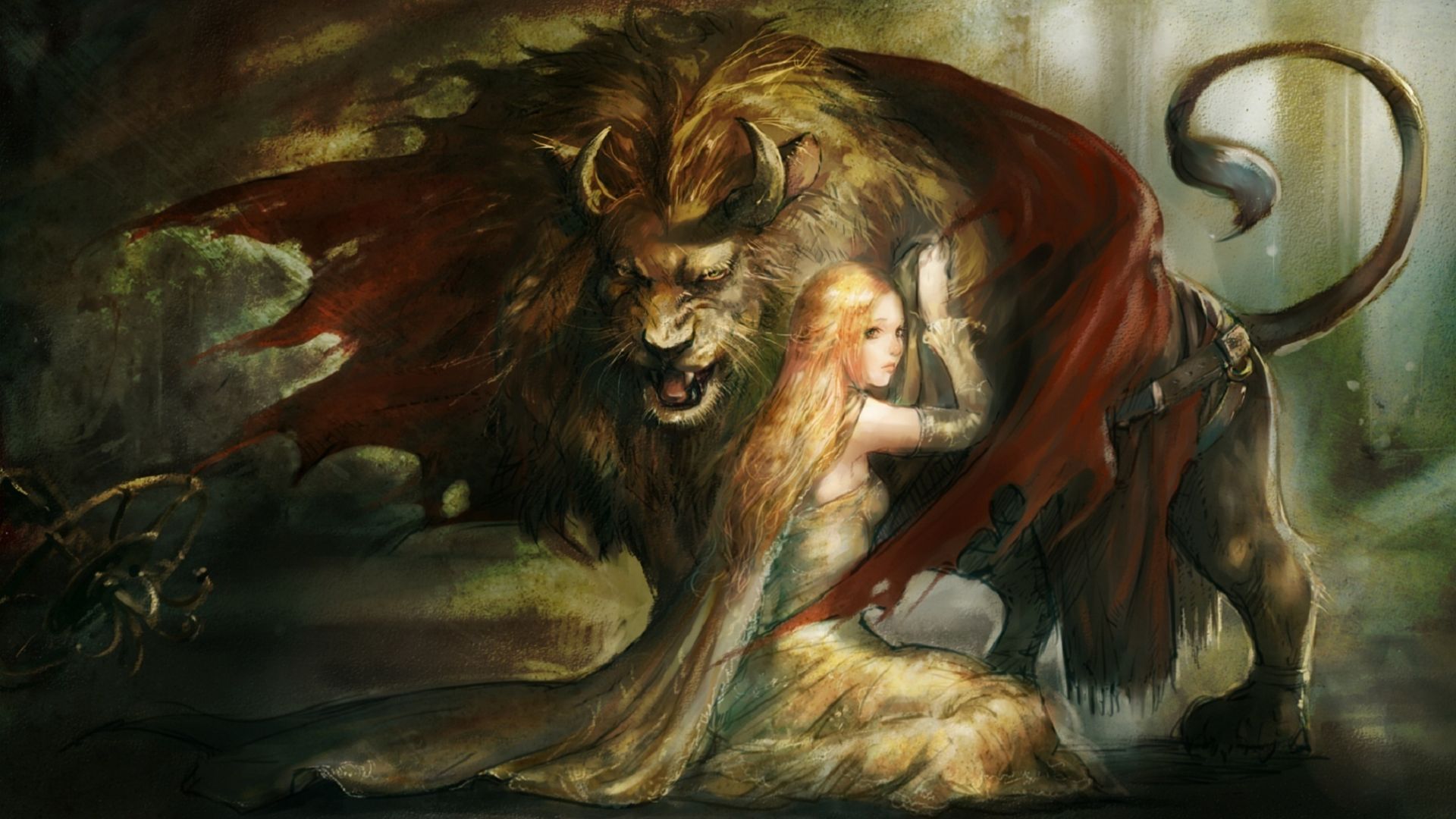 Wallpaper Fantasy, Beast, lion, girl, art