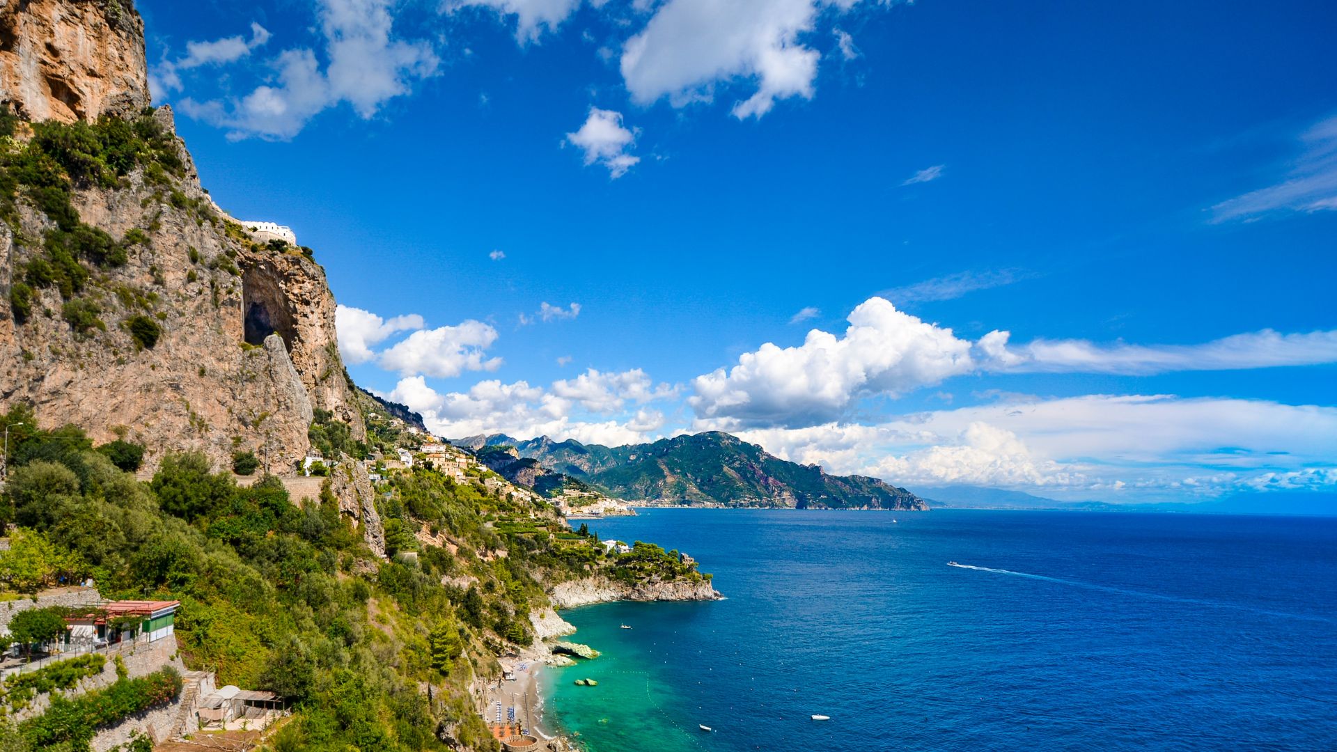 Wallpaper Mountains, beach, coastal city, Amalfi, town, city