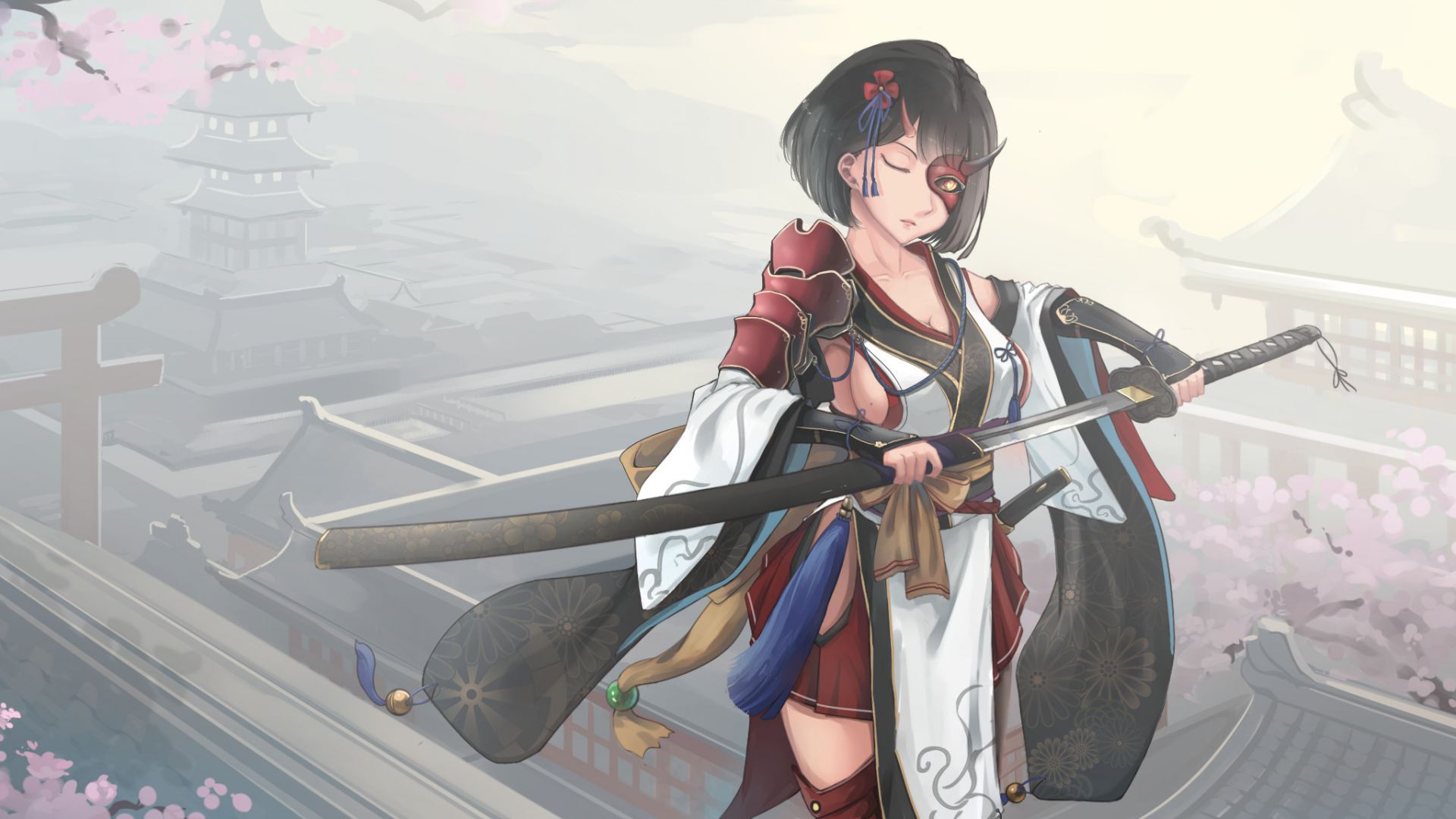 Wallpaper Katana, anime girl, warrior