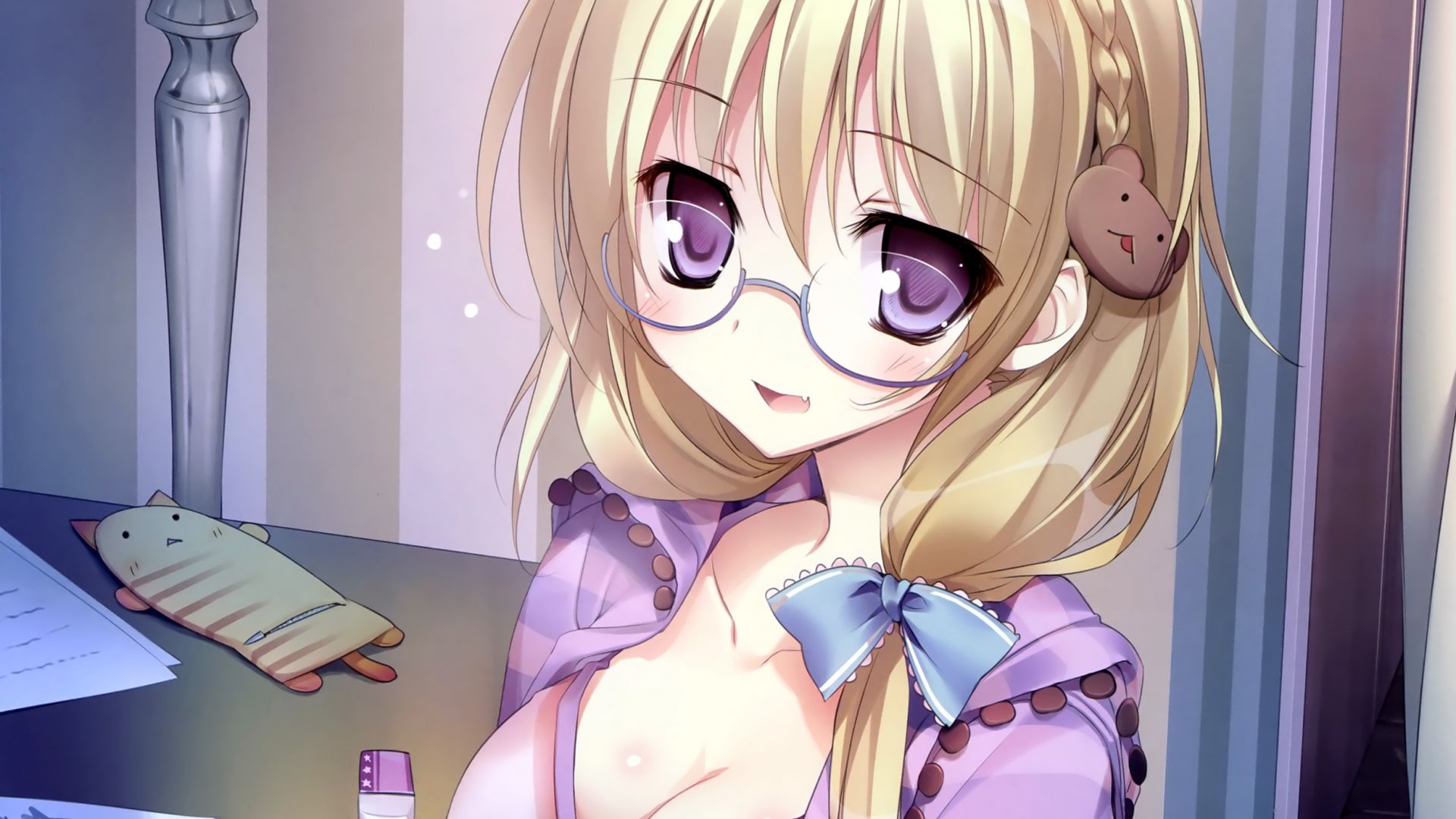 Wallpaper Hot anime girl, purple dress, blonde, original, smile