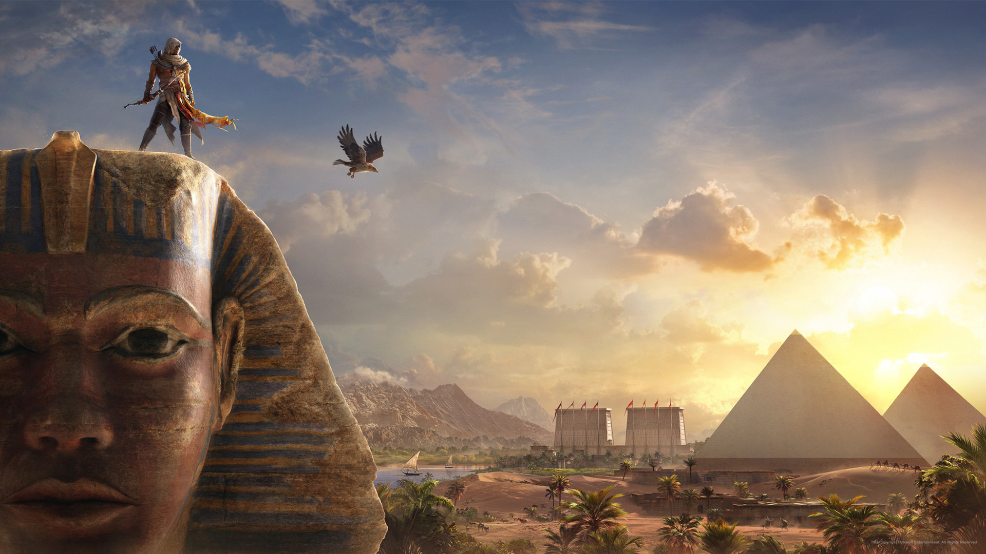 Wallpaper Bayek sphinx, assassin's creed origins, video game, pyramids