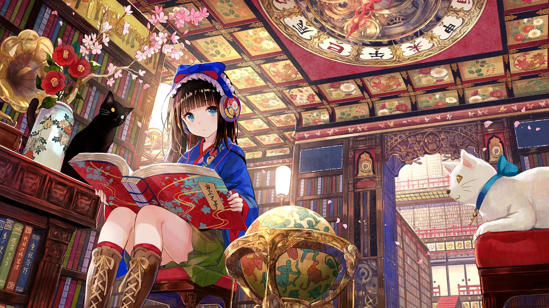 Wallpaper Library, reading, book, anime girl