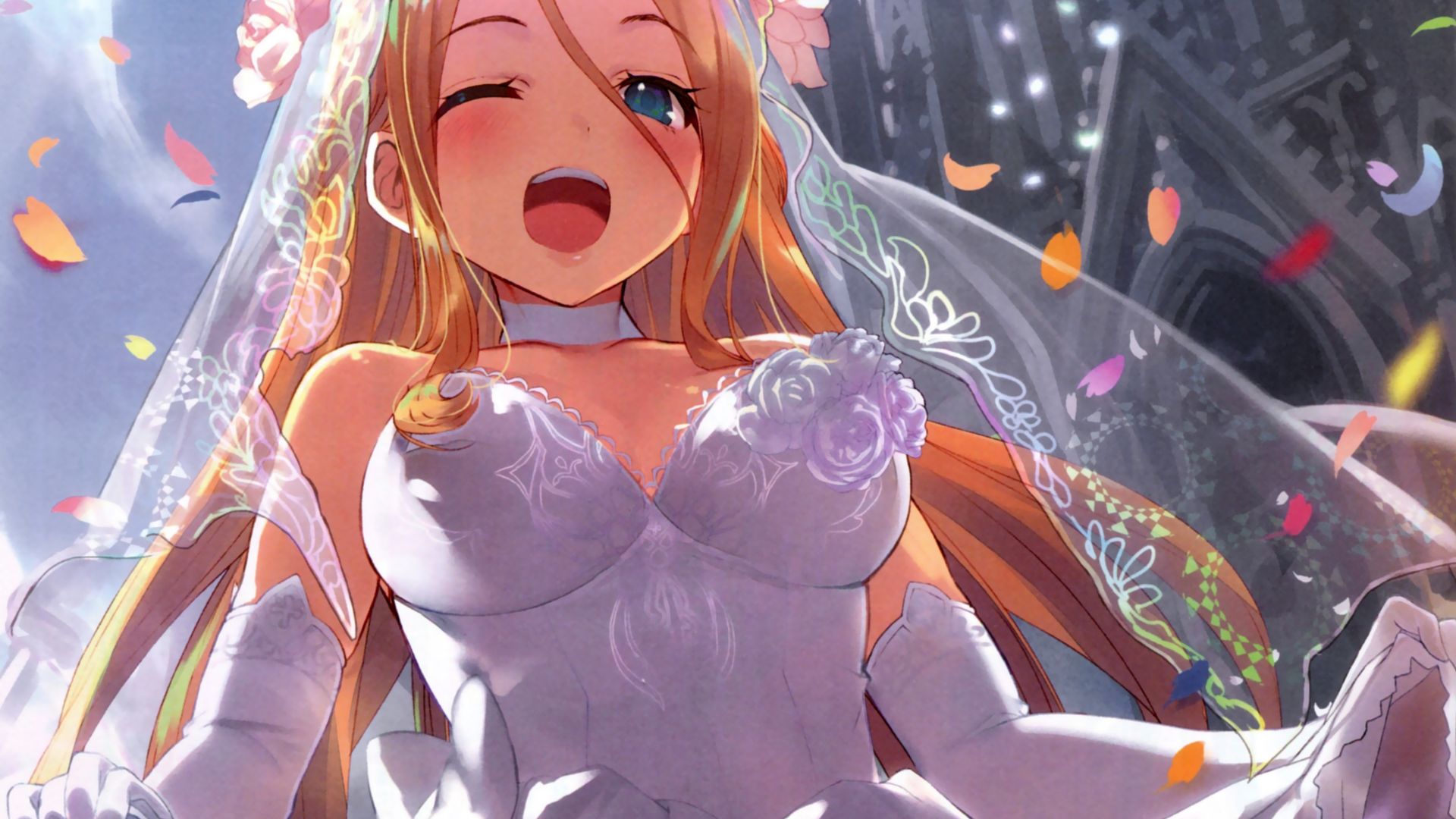 Wallpaper Wedding dress, happy anime girl, blonde anime