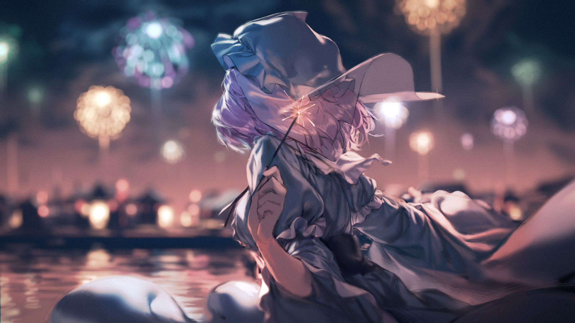 Wallpaper Yuyuko Saigyouji, Touhou, enjoying fireworks, anime girl