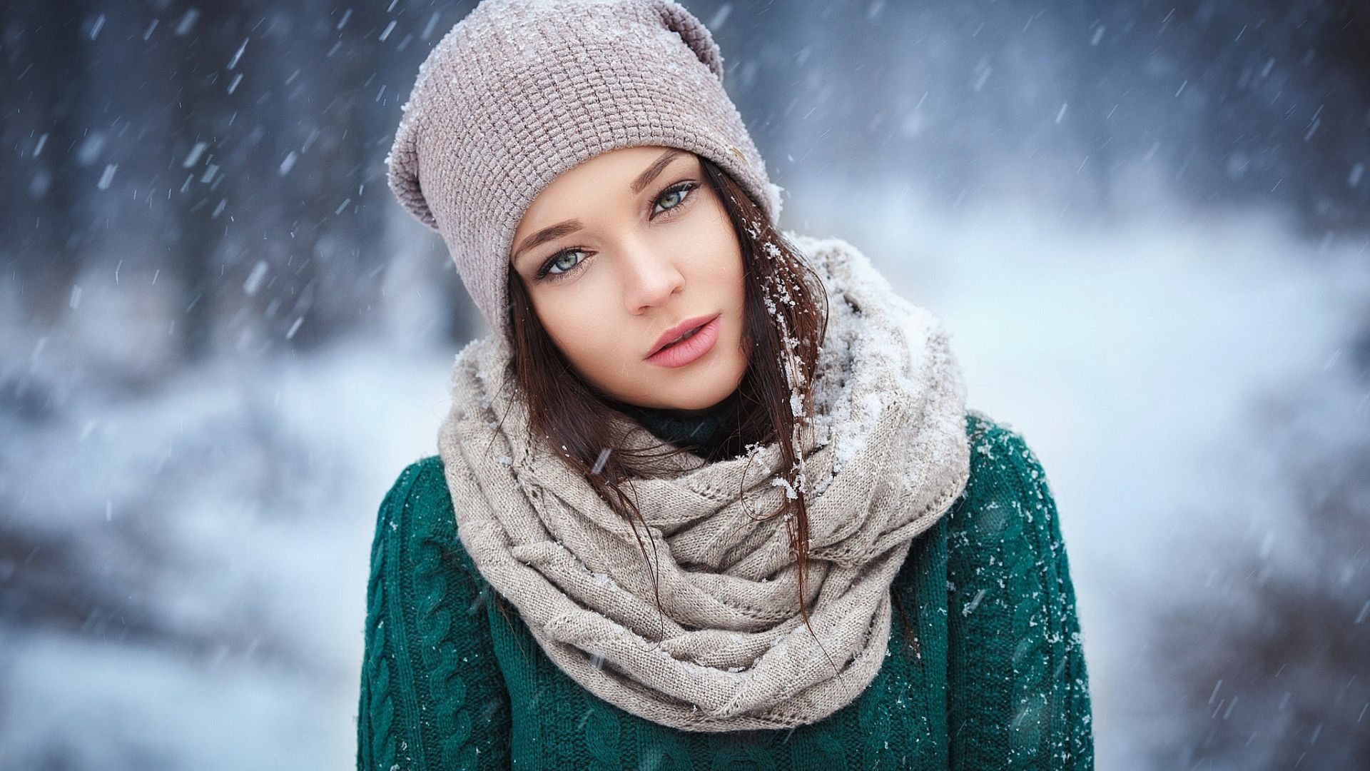 Wallpaper Angelina Petrova, scarf, girl model, winter, snowfall