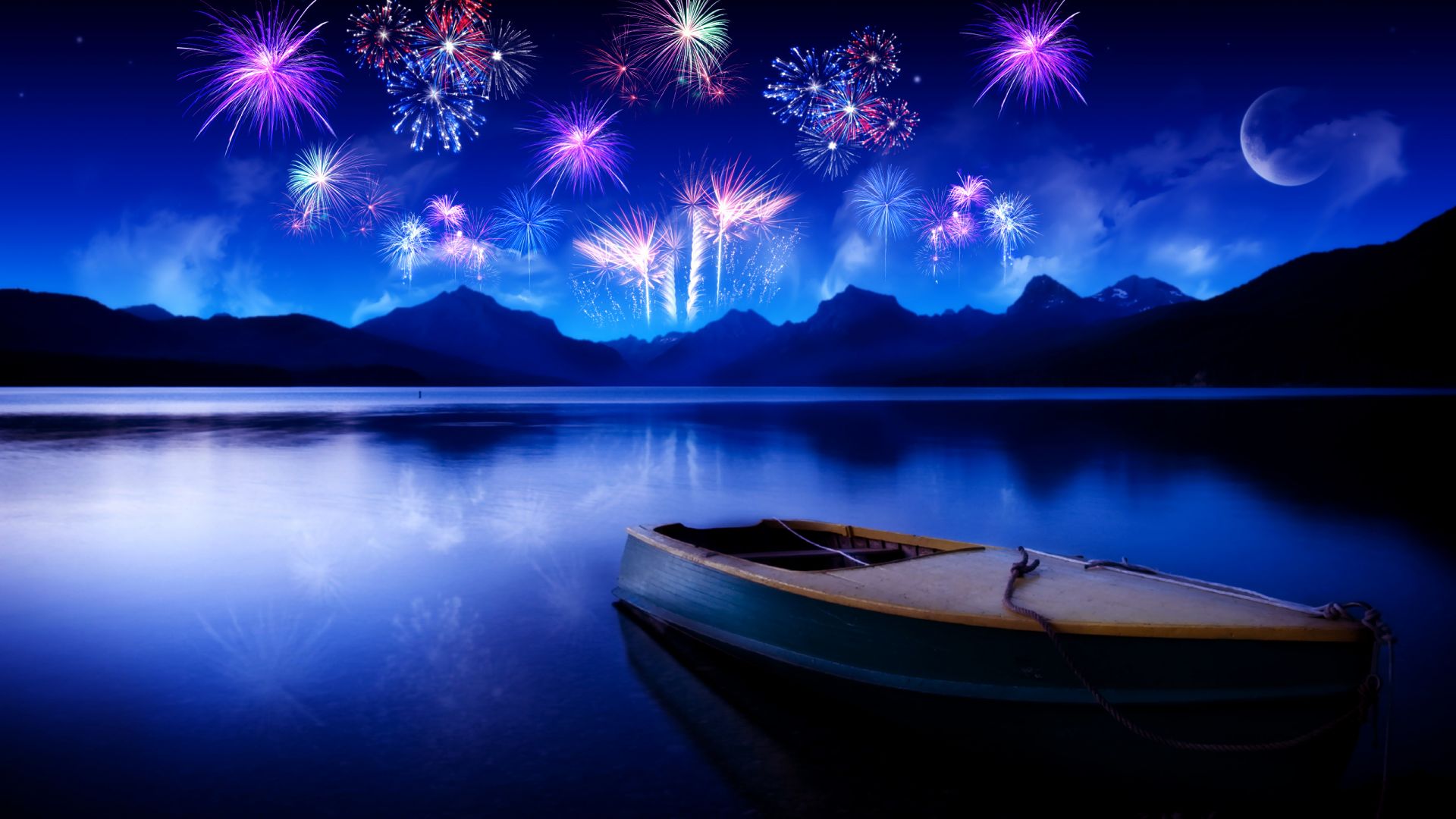 Wallpaper New year, 2018, fireworks, boat, reflections