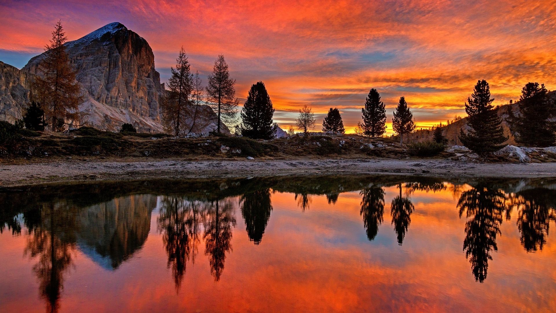 Wallpaper Sunset, lake, dolomites, mountains, nature, reflections