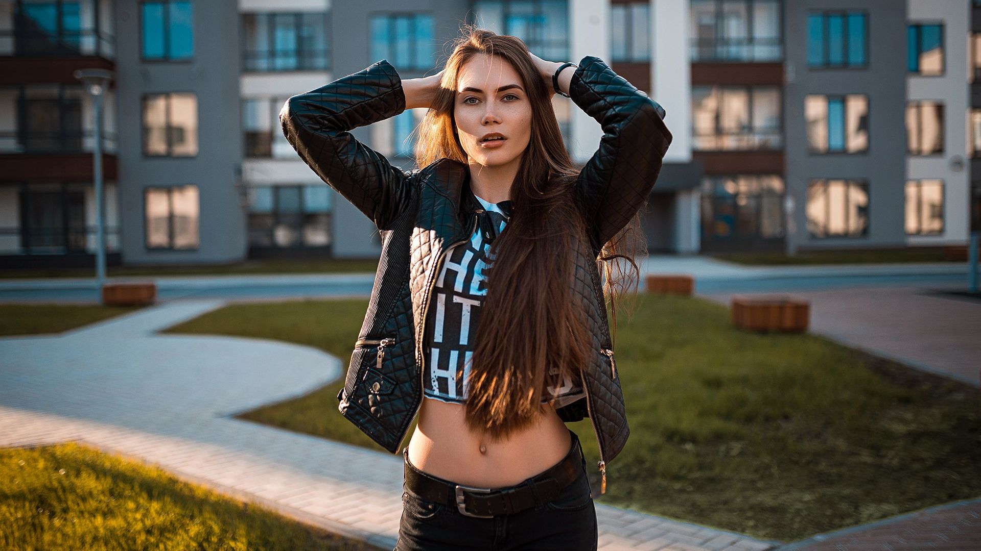 Wallpaper Arms up, leather jacket, girl model