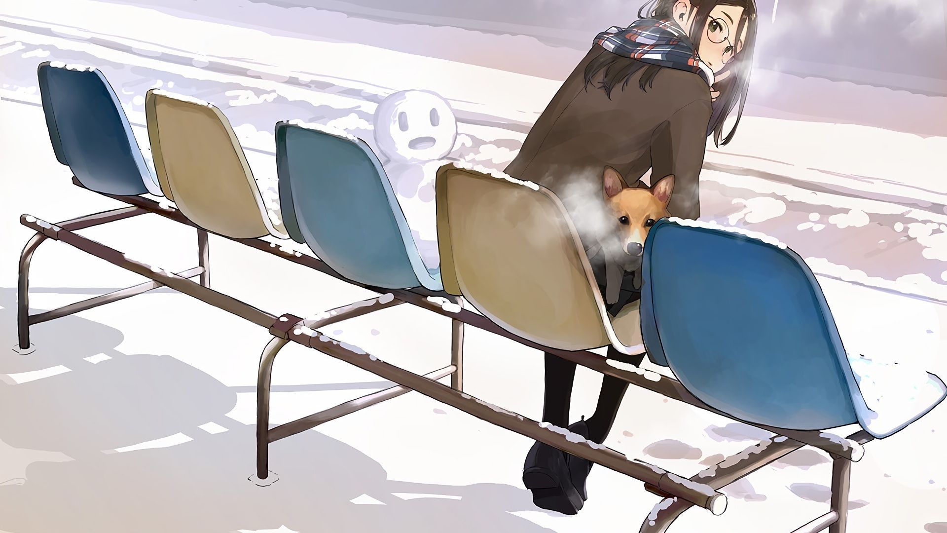 Wallpaper Winter, cute anime girl, sitting on bench
